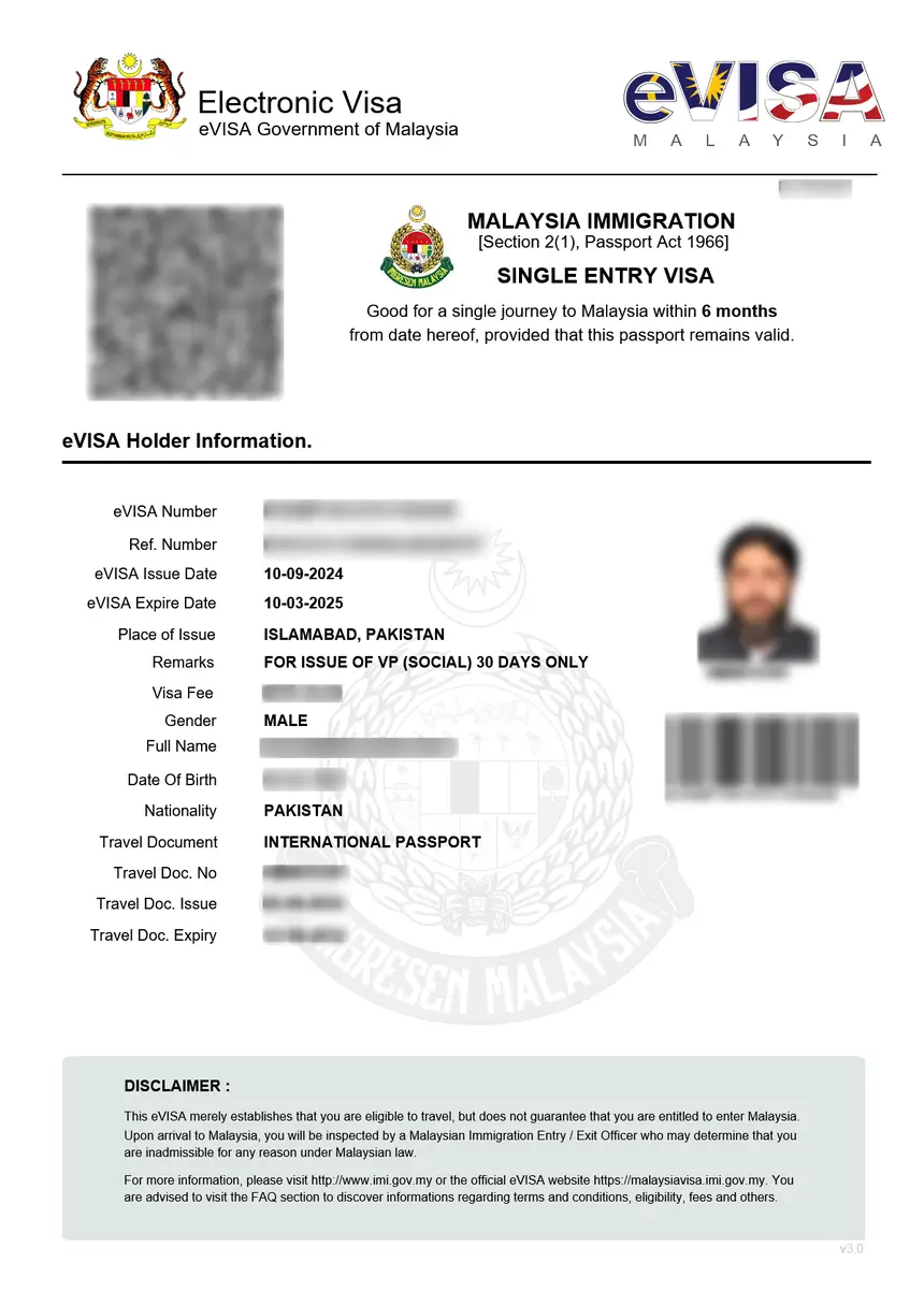 Malaysia eVisa sample